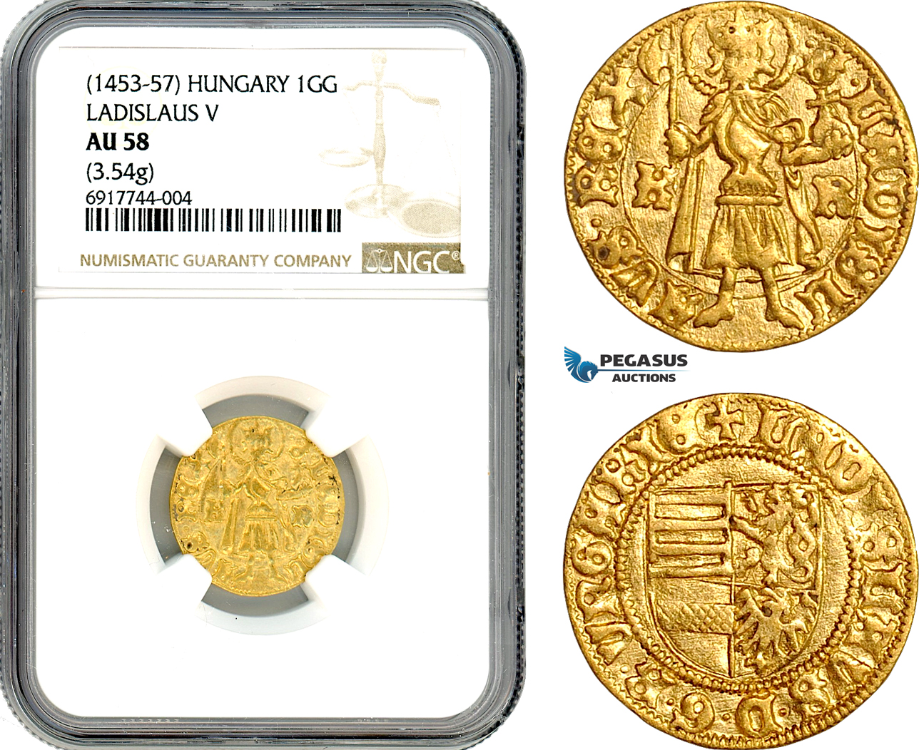 A10-275X, Hungary, Ladislaus V, Goldgulden ND (1455) K-R, Kremnitz Mint, Gold, (3.54g) Lengyel 29/6, Much remaining luster! NGC AU58