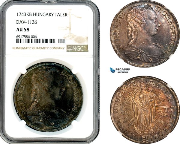 A10-290, Hungary, Maria Theresa, Taler 1743 KB, Kremnitz Mint, Silver, Dav-1126, Dark purple toning, NGC AU58