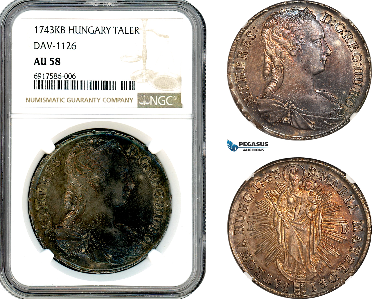 A10-290, Hungary, Maria Theresa, Taler 1743 KB, Kremnitz Mint, Silver, Dav-1126, Dark purple toning, NGC AU58
