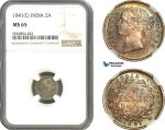 A10-294, India, Victoria, 2 Annas 1841 (C), Calcutta mint, Silver, KM# 459.2, Multicolour toning, NGC MS65