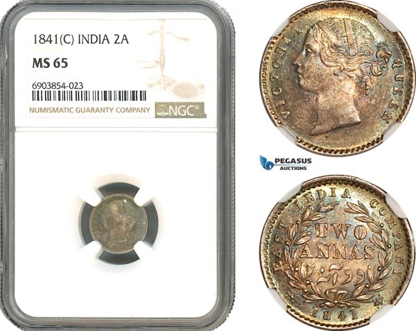 A10-294, India, Victoria, 2 Annas 1841 (C), Calcutta mint, Silver, KM# 459.2, Multicolour toning, NGC MS65