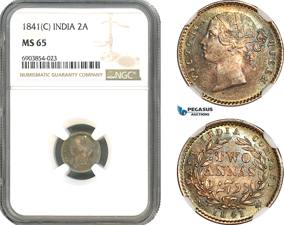 A10-294, India, Victoria, 2 Annas 1841 (C), Calcutta mint, Silver, KM# 459.2, Multicolour toning, NGC MS65