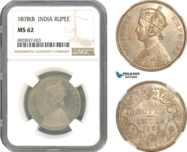 A10-297, India, Victoria, Rupee 1878 (B), Bombay Mint, Silver, KM# 492, Light toning, NGC MS62