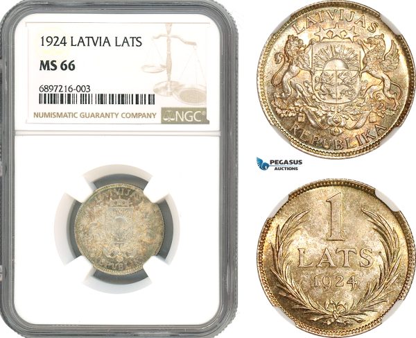 A10-334, Latvia, 1 Lats 1924, Silver, KM# 7, Multicolour toning, NGC MS66