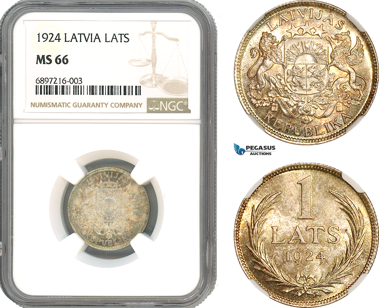 A10-334, Latvia, 1 Lats 1924, Silver, KM# 7, Multicolour toning, NGC MS66