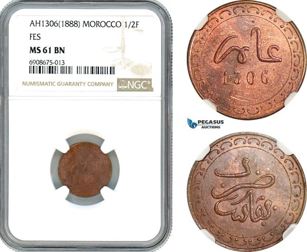 A10-348, Morocco, Moulay al-Hasan I, 1/2 Falus AH1306 (1888) Fes, KM# YB1, NGC MS61 BN
