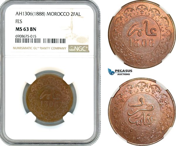 A10-350, Morocco, Moulay al-Hasan I, 2 Falus AH1306 (1888) Fes, KM# Y2, NGC MS63 BN