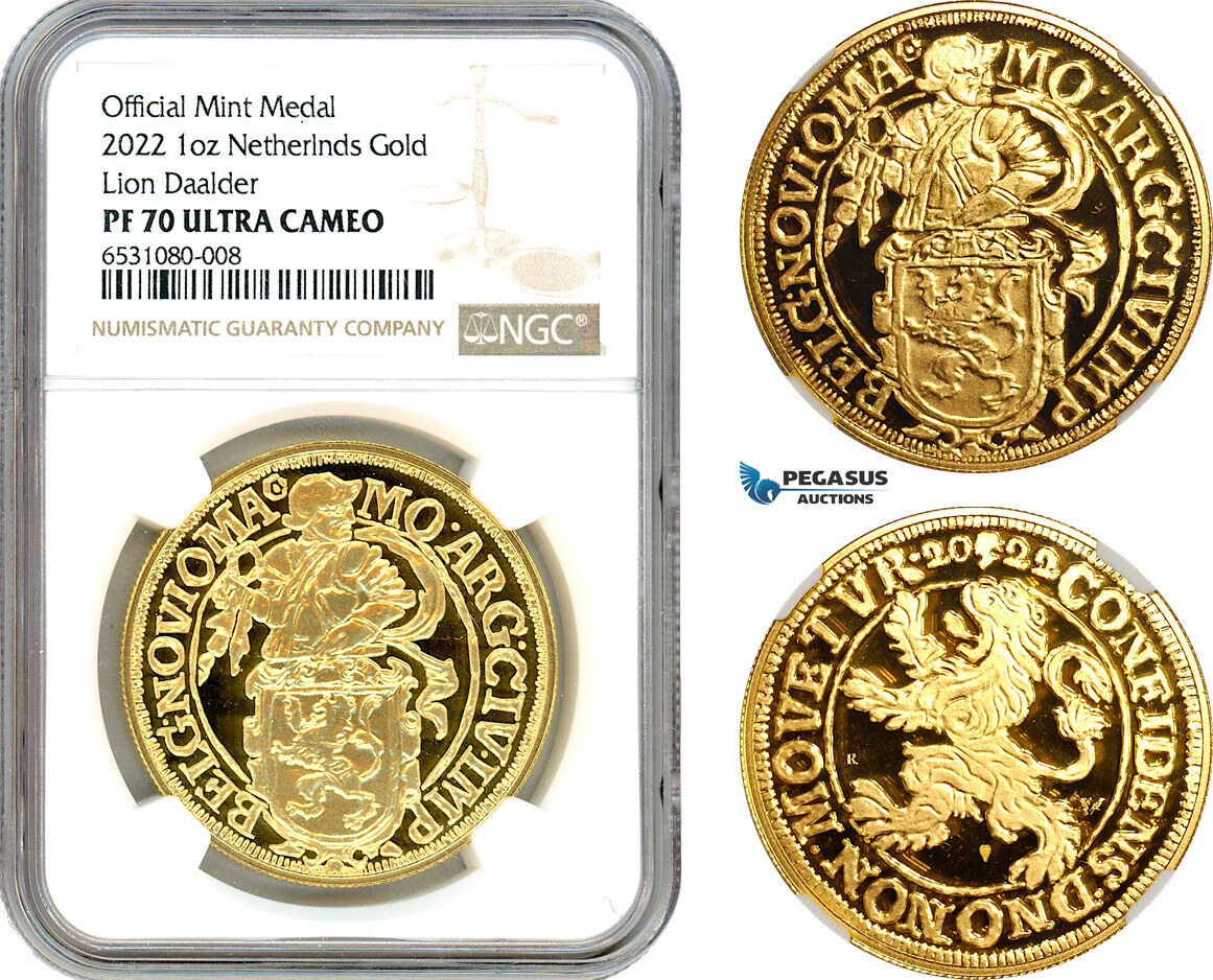 A10-358, Netherlands, Holland, Lion Daalder (Dollar) Medal (1 oz) 2022 R, Houten Mint, Gold KM# -, Mintage 25pcs, NGC PF70 Ultra Cameo, includes COA+ Original box!