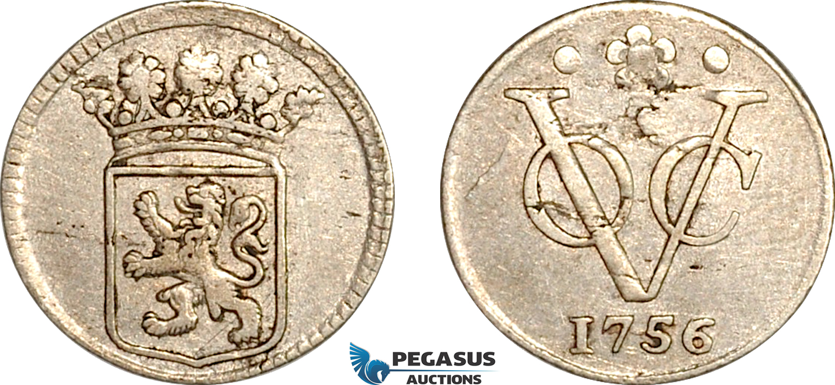 A10-405, Netherlands East Indies, VOC, 1/2 Duit 1756, Silver, Holland Arms, Scho. 360, Light toning, VF