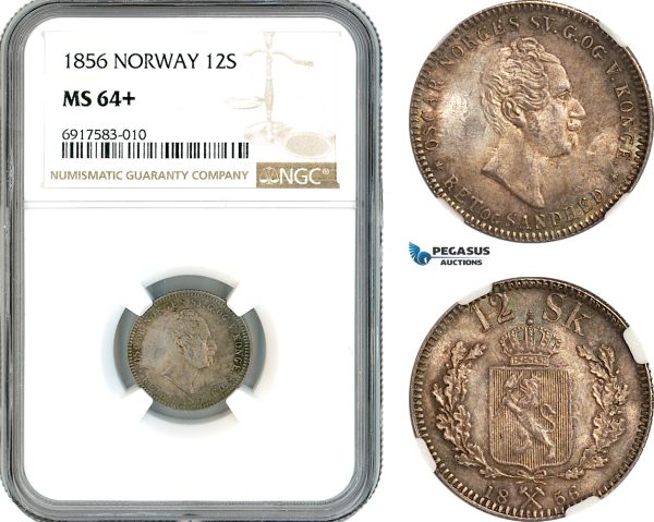 A10-420, Norway, Oscar I, 12 Skilling 1856, Kongsberg Mint, Silver, NM 33b, Multicolour toning, NGC MS64+