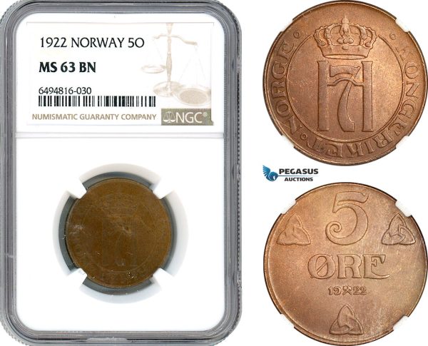 A10-423, Norway, Haakon VII, 5 Øre 1922, Kongsberg Mint, NM 156, NGC MS63 BN, Top Pop! Rare date!