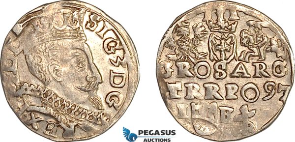 A10-442, Poland, Sigismund III, 3 Groschen (Trojak)  1597 IF MR, Lublin Mint. Silver, (2.49g), Iger L.97.25e, Light toning, VF-XF, Rare!