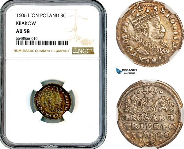 A10-446, Poland, Sigismund III, 3 Groschen (Trojak)  1606 (Lion), Krakow Mint, Silver, Iger K.06.3. R3, Amber toning, NGC AU58, Top Pop and single finest graded! Rare!