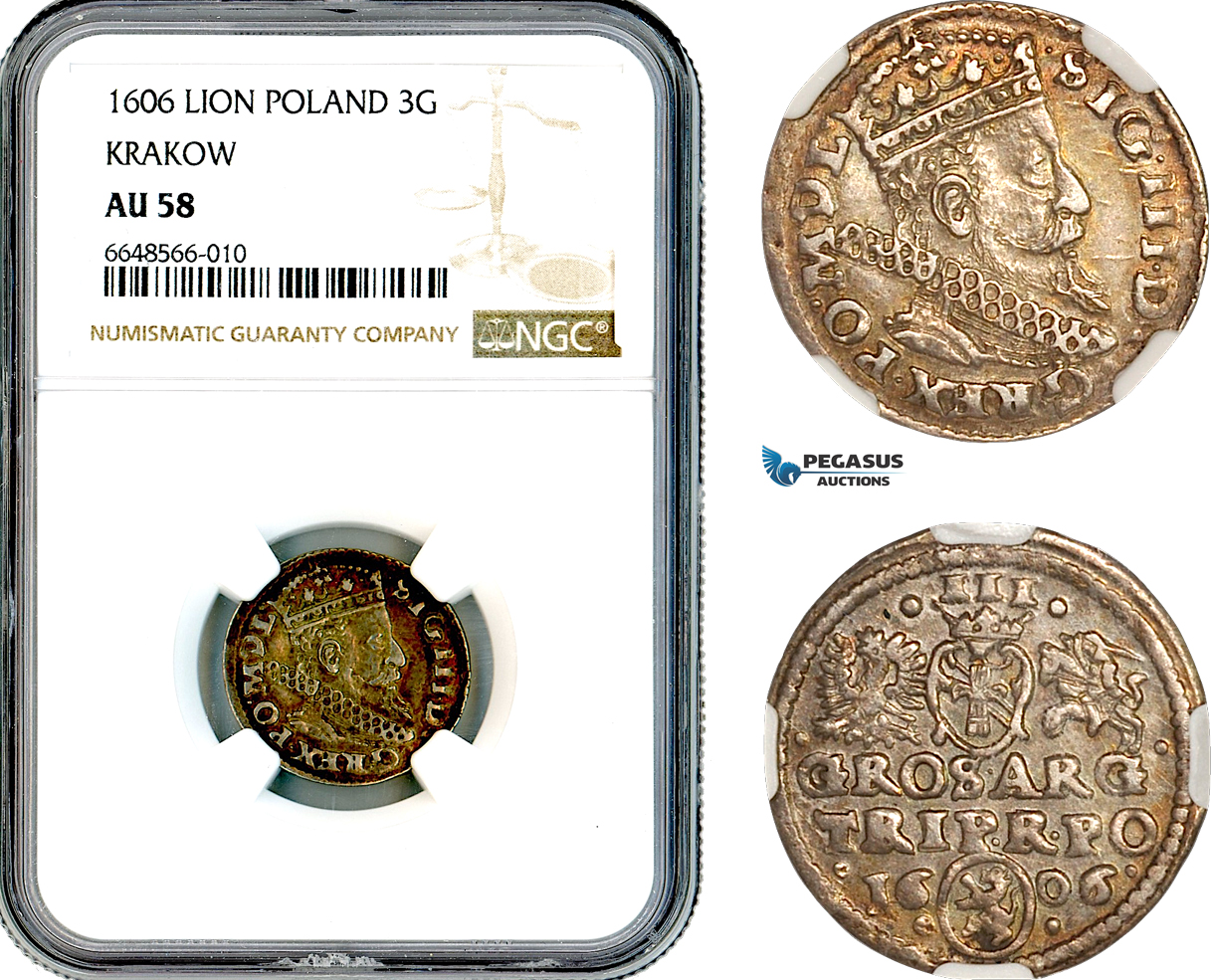 A10-446, Poland, Sigismund III, 3 Groschen (Trojak)  1606 (Lion), Krakow Mint, Silver, Iger K.06.3. R3, Amber toning, NGC AU58, Top Pop and single finest graded! Rare!