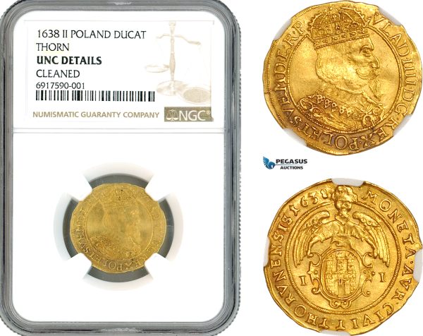 A10-452, Poland, Thorn, Vladislav IV, Ducat 1638, Thorn Mint, Gold, Frid-58, H.Cz.1795, R4, Very light cleaning on Obv, yet very lustrous! NGC UNC Details Cleaned, Rare!