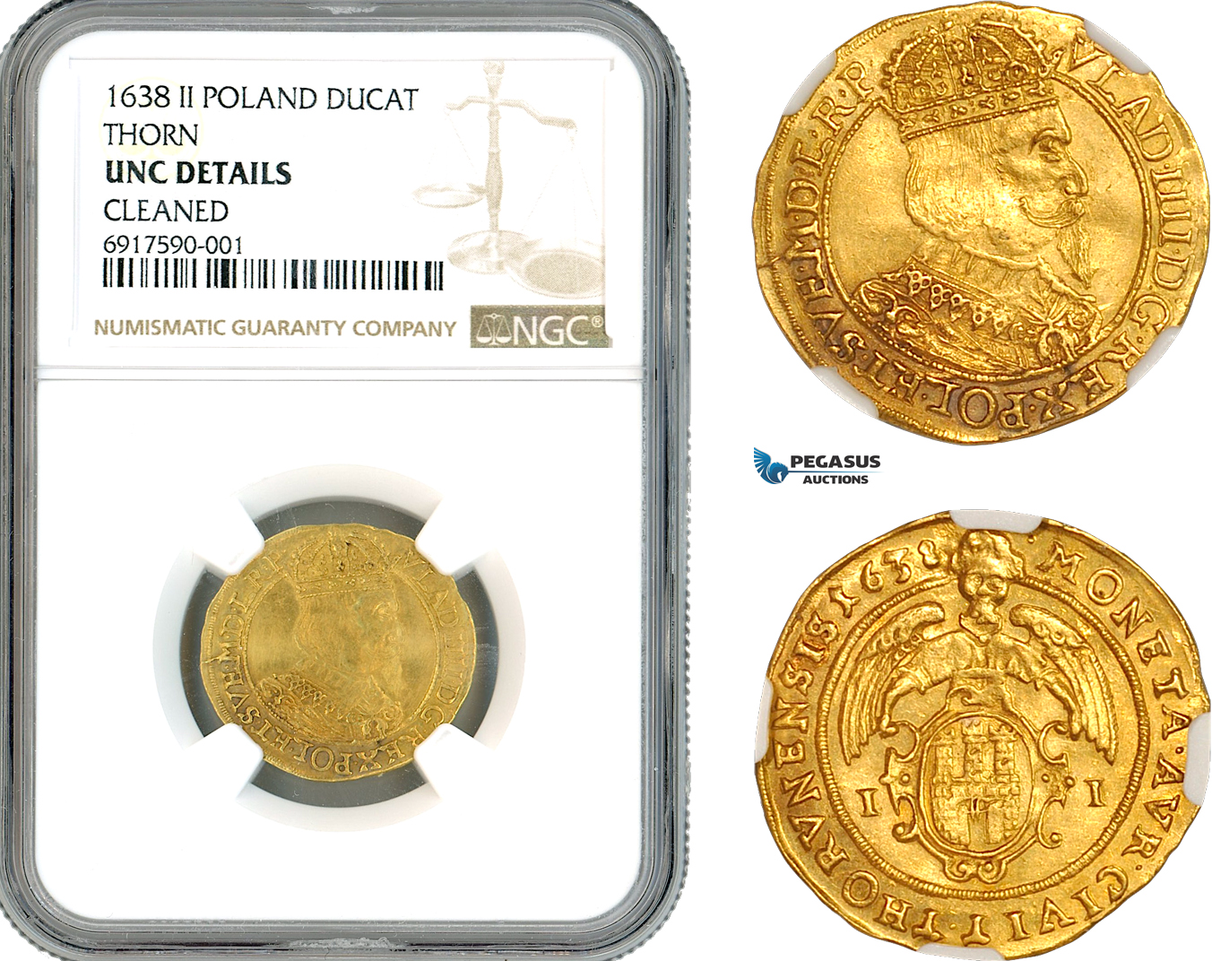 A10-452, Poland, Thorn, Vladislav IV, Ducat 1638, Thorn Mint, Gold, Frid-58, H.Cz.1795, R4, Very light cleaning on Obv, yet very lustrous! NGC UNC Details Cleaned, Rare!