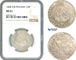 A10-453, Poland, John II Casimir, 1/4 Taler (Ort) 1668 TLB, Bydgoszcz Mint, Silver, Kop 1774, Light toning, NGC MS61, Top Pop and single finest graded! No other piece graded in MS!