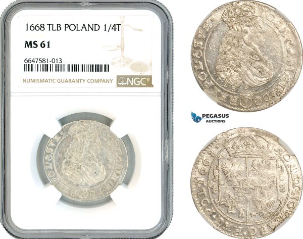 A10-453, Poland, John II Casimir, 1/4 Taler (Ort) 1668 TLB, Bydgoszcz Mint, Silver, Kop 1774, Light toning, NGC MS61, Top Pop and single finest graded! No other piece graded in MS!
