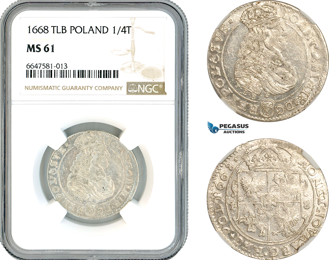 A10-453, Poland, John II Casimir, 1/4 Taler (Ort) 1668 TLB, Bydgoszcz Mint, Silver, Kop 1774, Light toning, NGC MS61, Top Pop and single finest graded! No other piece graded in MS!