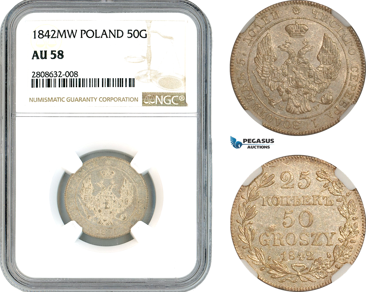 A10-460, Poland, Nicholas I. of Russia, 50 Groszy (25 Kopeks) 1842 MW, Warsaw Mint, Silver, Bitkin# 1248, Champagne toning, NGC AU58, Rare!
