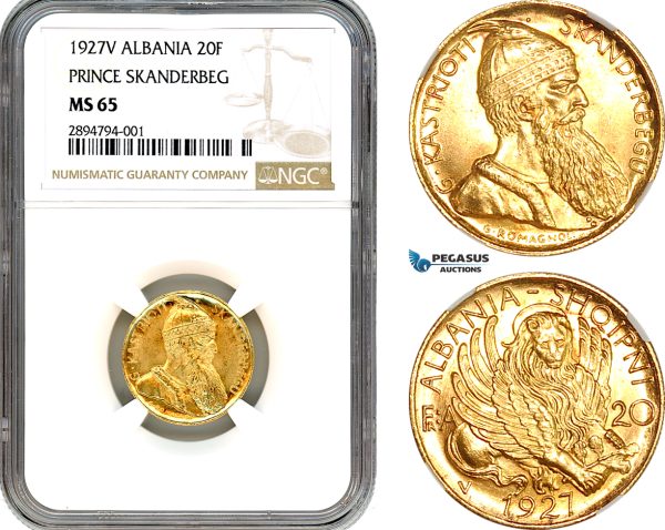 A10-5, Albania, Amet Zogu I, 20 Franga Ari 1927 V, Vienna Mint, Gold, KM# 12 (Prince Skanderbeg) NGC MS65
