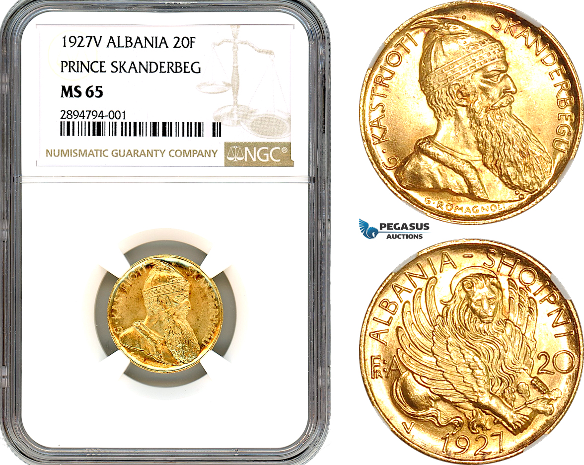 A10-5, Albania, Amet Zogu I, 20 Franga Ari 1927 V, Vienna Mint, Gold, KM# 12 (Prince Skanderbeg) NGC MS65