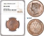 A10-705, Straits Settlements, Victoria, 1 Cent 1862, Calcutta Mint, Prid-1, NGC MS64 RB, Top Pop and single finest graded! Rare as such!