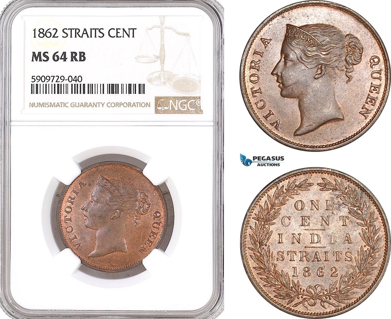 A10-705, Straits Settlements, Victoria, 1 Cent 1862, Calcutta Mint, Prid-1, NGC MS64 RB, Top Pop and single finest graded! Rare as such!