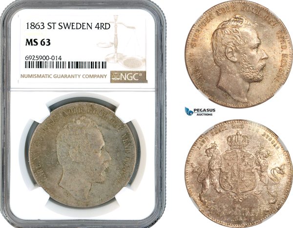 A10-716, Sweden, Carl XV, 4 Riksdaler 1863 ST, Stockholm Mint, Silver, SM. 16, Deep champagne toning! NGC MS63, Top Pop!