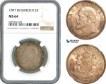 A10-718, Sweden, Oscar II, 2 Kronor 1907 EB, Stockholm Mint, Silver, SM. 60, Dark cabinet toning! NGC MS64