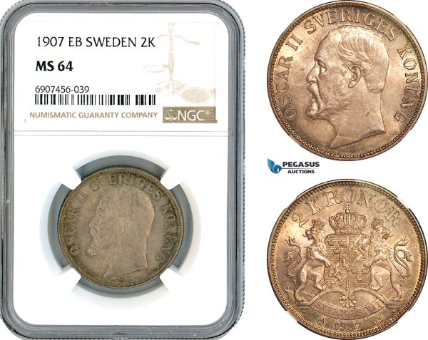 A10-718, Sweden, Oscar II, 2 Kronor 1907 EB, Stockholm Mint, Silver, SM. 60, Dark cabinet toning! NGC MS64