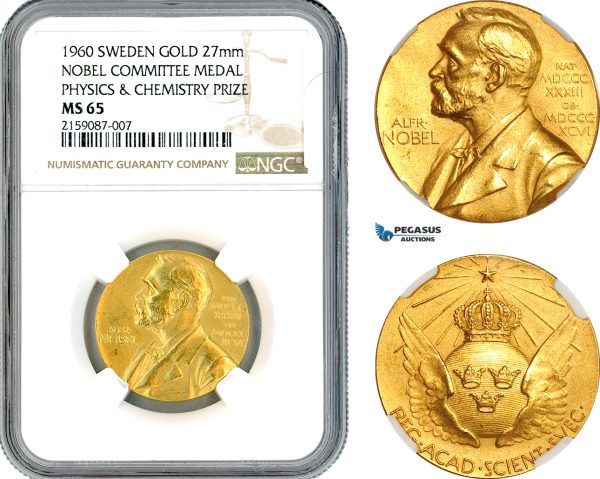 A10-719, Sweden, Gold Medal, Alfred Nobel, Nobel Committee Medal Physics & Chemistry 1960, By E. Lindberg (20g, Ø27mm) Eskilstuna Mint, Ehrensvard-21, NGC MS65, Top Pop and single finest graded!