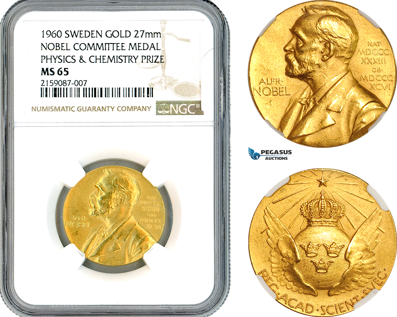 A10-719, Sweden, Gold Medal, Alfred Nobel, Nobel Committee Medal Physics & Chemistry 1960, By E. Lindberg (20g, Ø27mm) Eskilstuna Mint, Ehrensvard-21, NGC MS65, Top Pop and single finest graded!