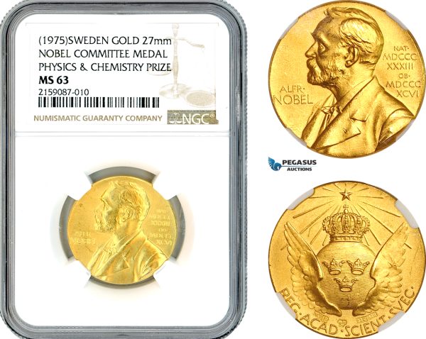 A10-720, Sweden, Gold Medal, Alfred Nobel, Nobel Committee Medal Physics & Chemistry 1975, By E. Lindberg (20g, Ø27mm) Eskilstuna Mint, Ehrensvard-21, NGC MS63