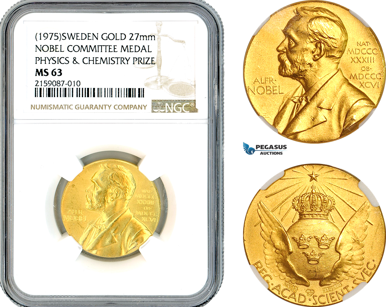 A10-720, Sweden, Gold Medal, Alfred Nobel, Nobel Committee Medal Physics & Chemistry 1975, By E. Lindberg (20g, Ø27mm) Eskilstuna Mint, Ehrensvard-21, NGC MS63