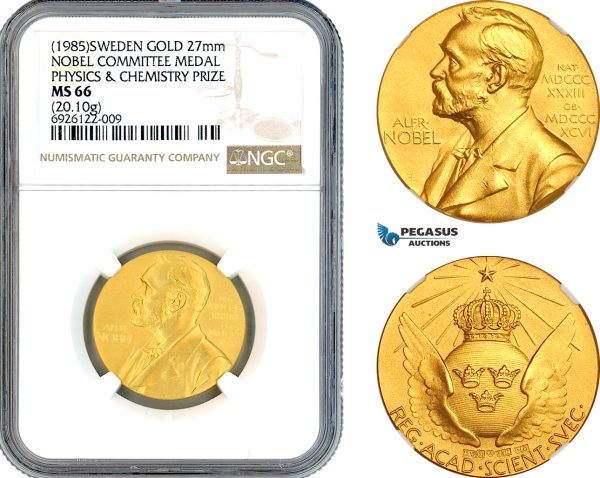 A10-721, Sweden, Gold Medal, Alfred Nobel, Nobel Committee Medal Physics & Chemistry 1985, By E. Lindberg (20g, Ø27mm) Eskilstuna Mint, Ehrensvard-21, An absolute untouched example and undergraded in our opinion! NGC MS66, Top Pop!