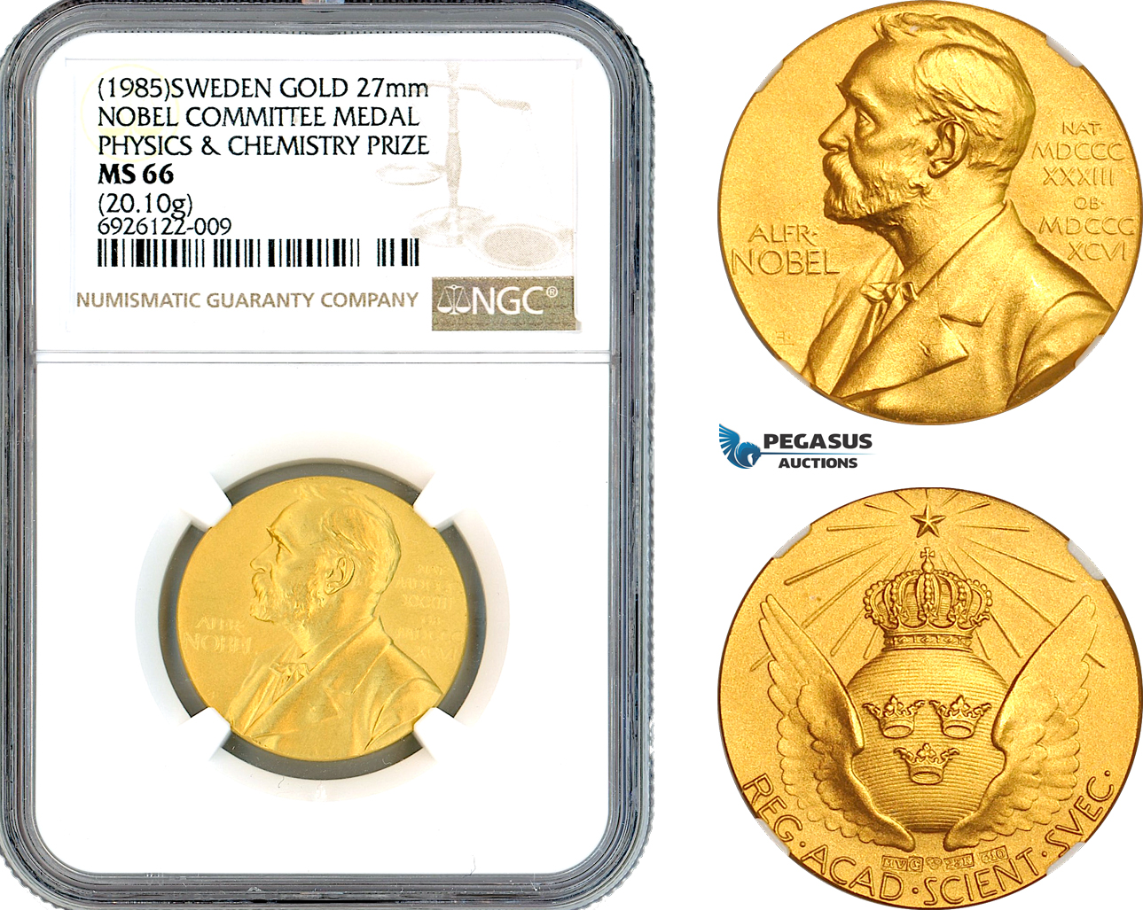 A10-721, Sweden, Gold Medal, Alfred Nobel, Nobel Committee Medal Physics & Chemistry 1985, By E. Lindberg (20g, Ø27mm) Eskilstuna Mint, Ehrensvard-21, An absolute untouched example and undergraded in our opinion! NGC MS66, Top Pop!