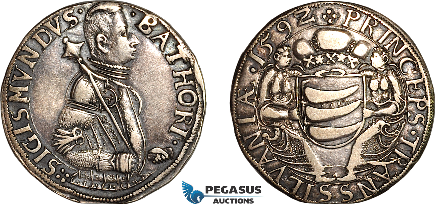 A10-730, Transylvania (Siebenbürgen), Sigismund Bathory, Taler 1592, Nagybanya (Baia Mare) Mint, Silver (28.29g), Dav-8802, Resch 101, Lightly tooled fields, Gun metal toning, VF-EF