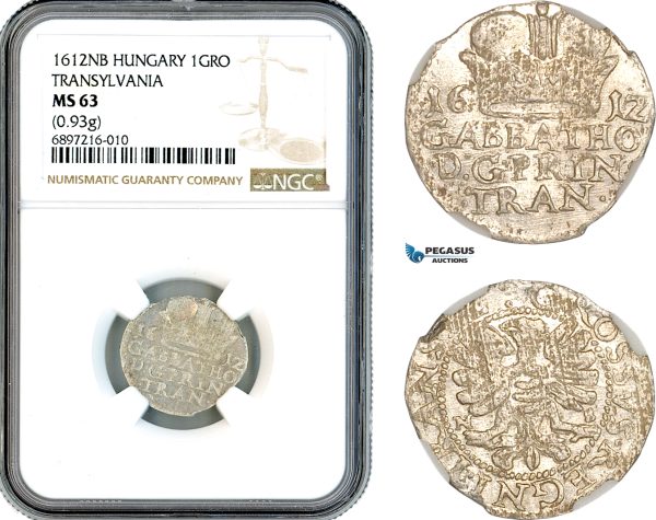 A10-731, Transylvania (Siebenbürgen), Gabriel Bathory, Groschen 1612, Nagybanya (Baia Mare) Mint, Silver (0.93g) Resch 168, NGC MS63, Top Pop!