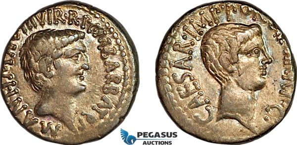 A11-001, Roman Republic, Marc Antony & Octavian, as Imperators and Triumvirs (ca. 43-33 BC). AR Denarius  (3.89g) Ephesus Mint, B1 BC, Well centered, Nice green/grey toning & very lustrous, AU, Rare!