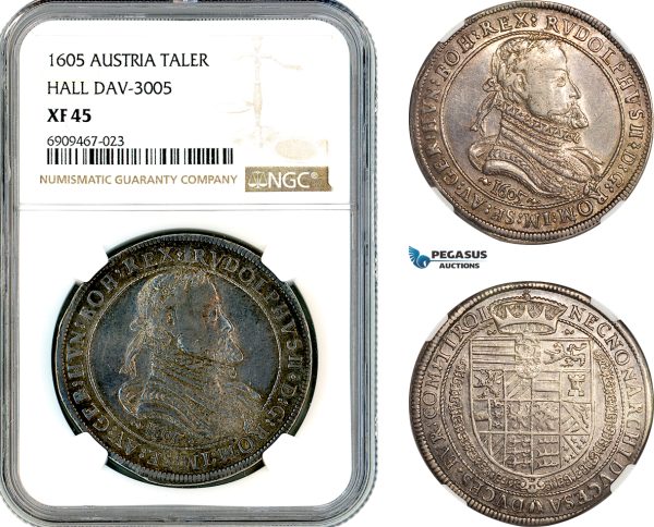 A11-011, Austria, Rudolph II, Taler 1605, Hall Mint, Silver, Dav-3005, Dark toning, NGC XF45