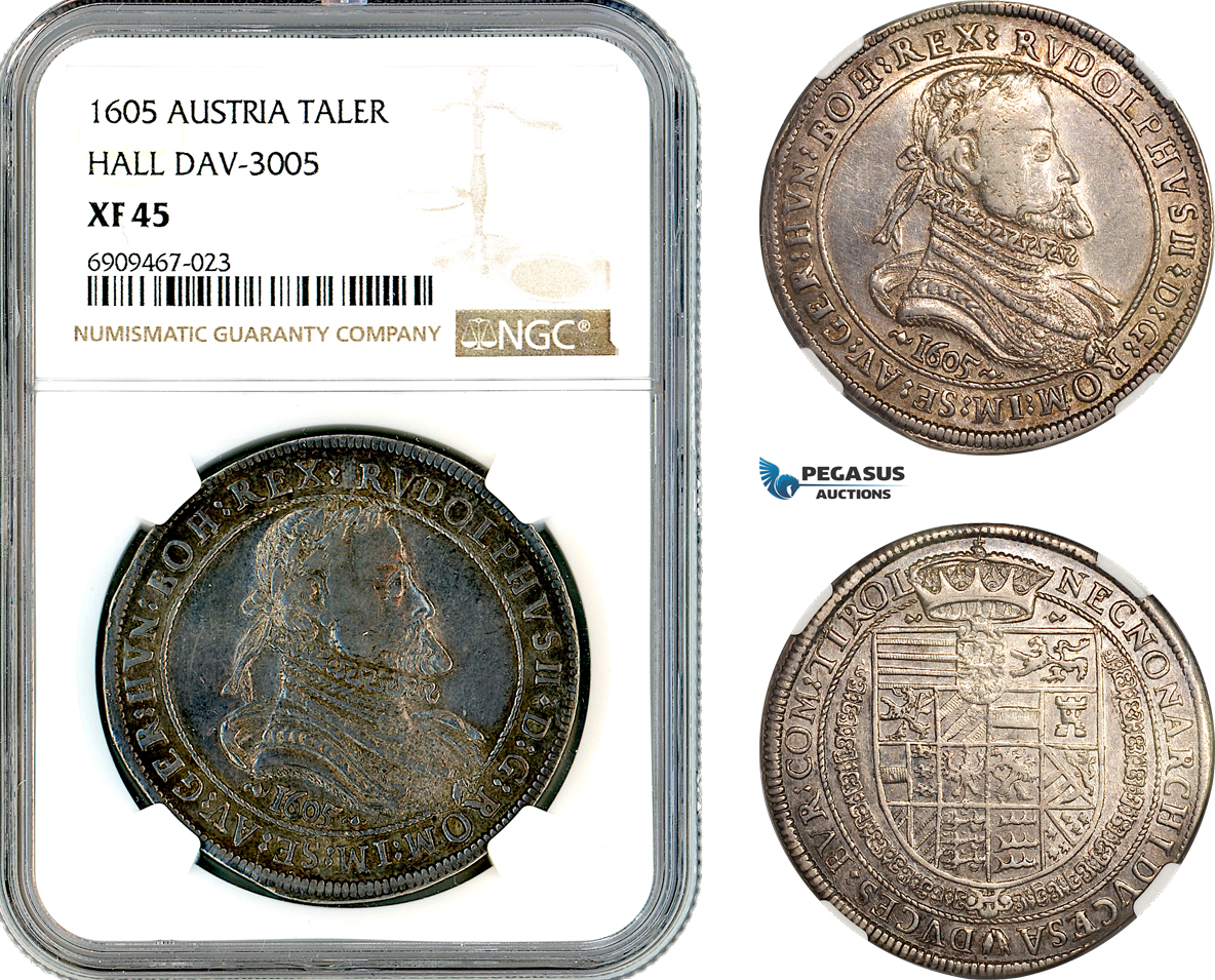 A11-011, Austria, Rudolph II, Taler 1605, Hall Mint, Silver, Dav-3005, Dark toning, NGC XF45