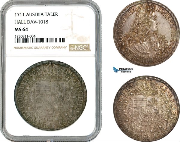 A11-024, Austria, Joseph I, Taler 1711, Hall Mint, Silver, Dav-1018, Old cabinet toning, NGC MS64, Top Pop!