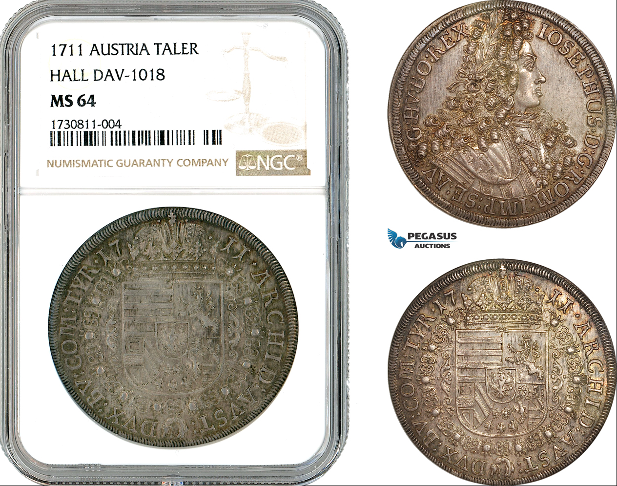 A11-024, Austria, Joseph I, Taler 1711, Hall Mint, Silver, Dav-1018, Old cabinet toning, NGC MS64, Top Pop!
