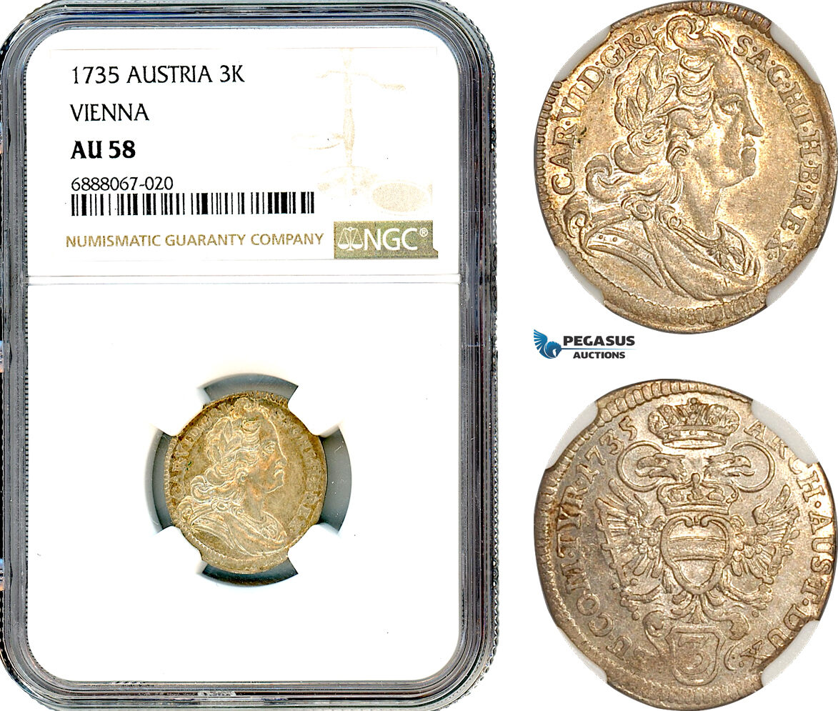 A11-026, Austria, Charles VI, 3 Kreuzer 1735, Vienna Mint, Silver, Her-722, NGC AU58
