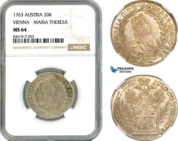 A11-029, Austria, Maria Theresia, 20 Kreuzer 1763, Vienna Mint, Silver, Her-840, Champagne toning, NGC MS64