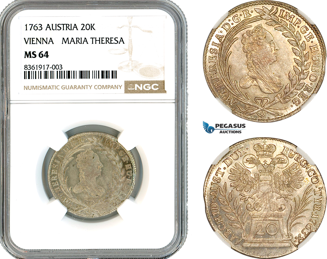 A11-029, Austria, Maria Theresia, 20 Kreuzer 1763, Vienna Mint, Silver, Her-840, Champagne toning, NGC MS64