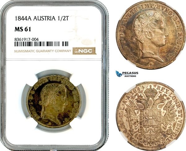 A11-038, Austria, Ferdinand I, 1/2 Taler 1844 A, Vienna Mint, Silver, Her-160, Old cabinet toning, NGC MS61