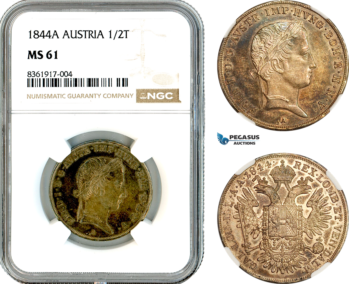 A11-038, Austria, Ferdinand I, 1/2 Taler 1844 A, Vienna Mint, Silver, Her-160, Old cabinet toning, NGC MS61