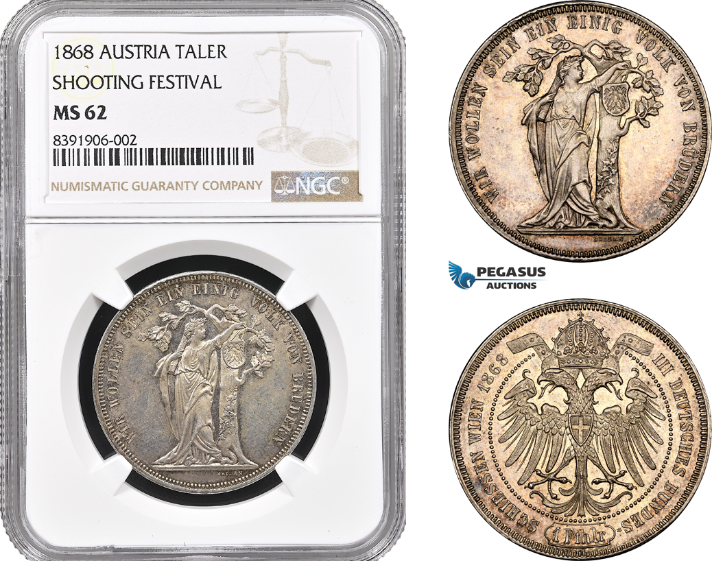 A11-039, Austria, Franz Joseph, Taler 1868, Vienna Mint, Silver, Km-XM8, Shooting Festival, NGC MS62